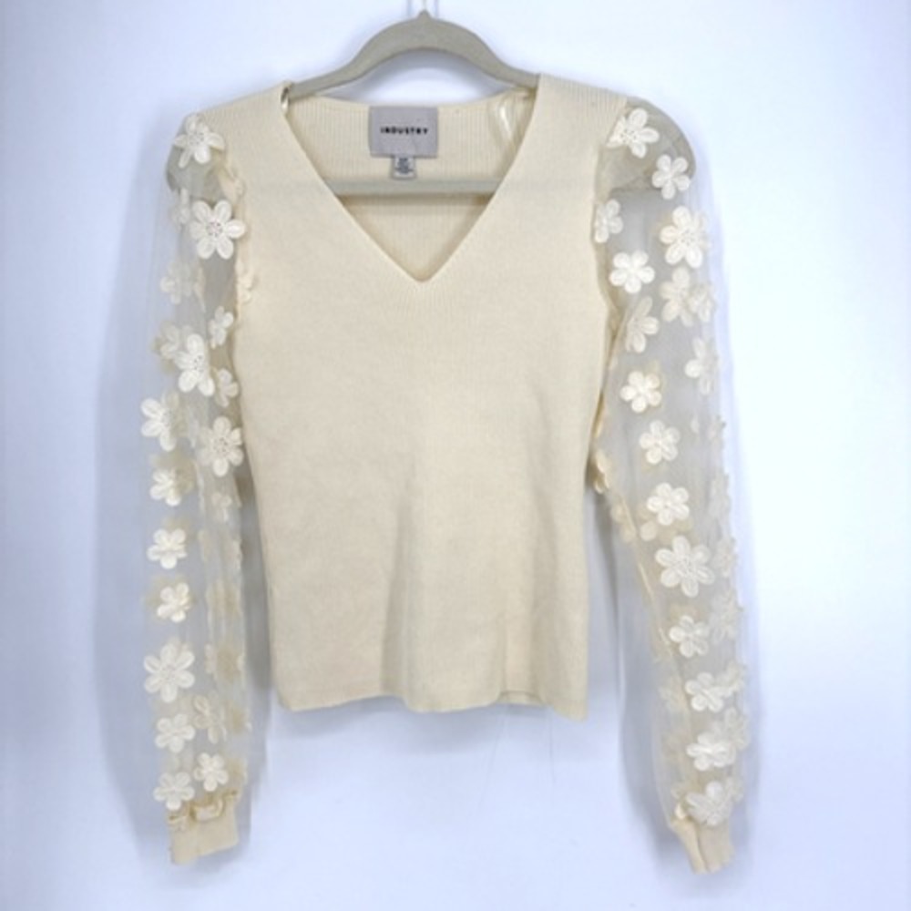 INDUSTRY Sheer Sleeve Applique SWEATER Womens Small 3D Cream Feminine Fairy